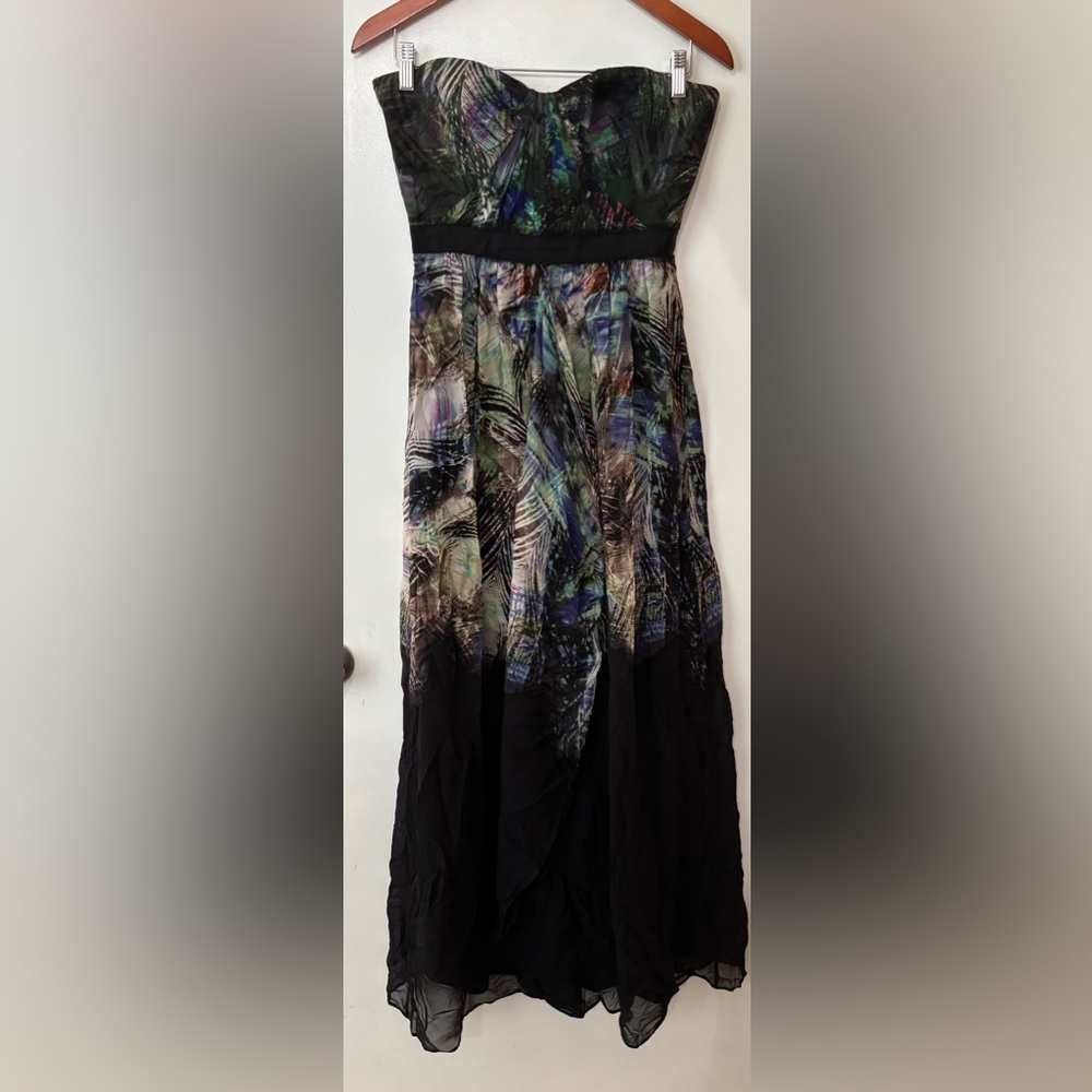 BCBGMaxAzria TAE Silk Black Peacock Print Strapless Maxi Dress Gown Size 6 Party